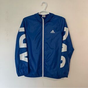 adidas Blue Hooded Windbreaker with White Sleeve Graphics